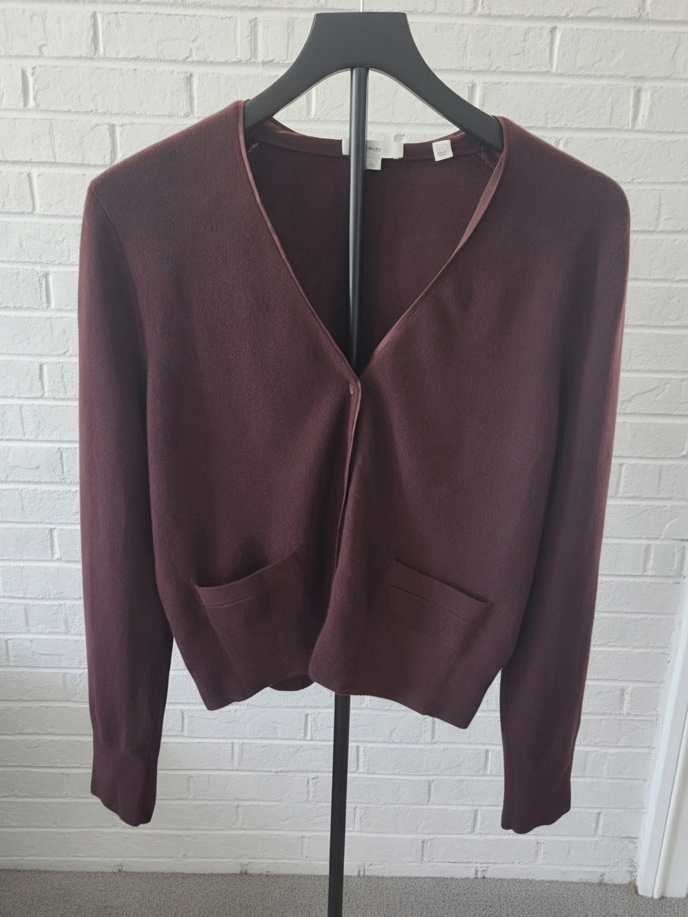 Vince Wool Cashmere Satin-Trim V-Neck Cardigan Burgundy Oxblood Size L